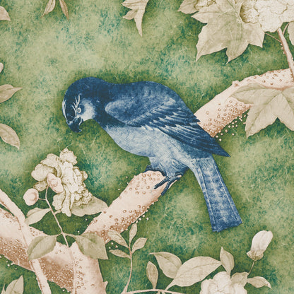 Illustrated blue parrot perched on a light brown branch among beige leaves on a green textured background.