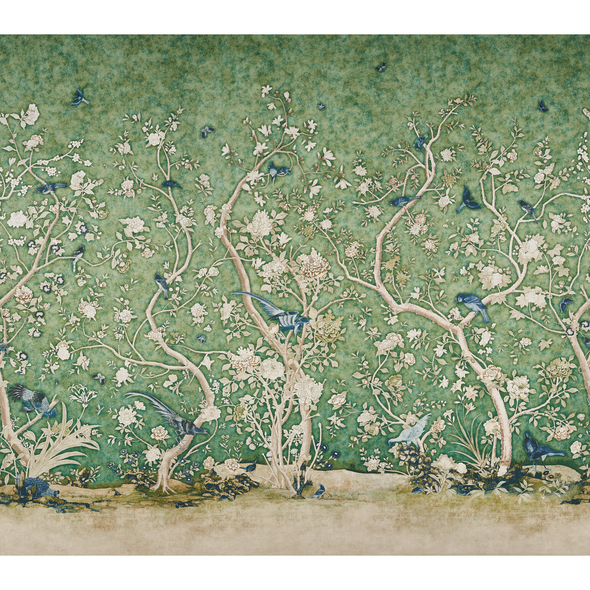 Green botanical wallpaper featuring white flowering trees and blue birds among twisting branches.