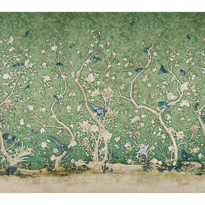 Green botanical wallpaper featuring white flowering trees and blue birds among twisting branches.