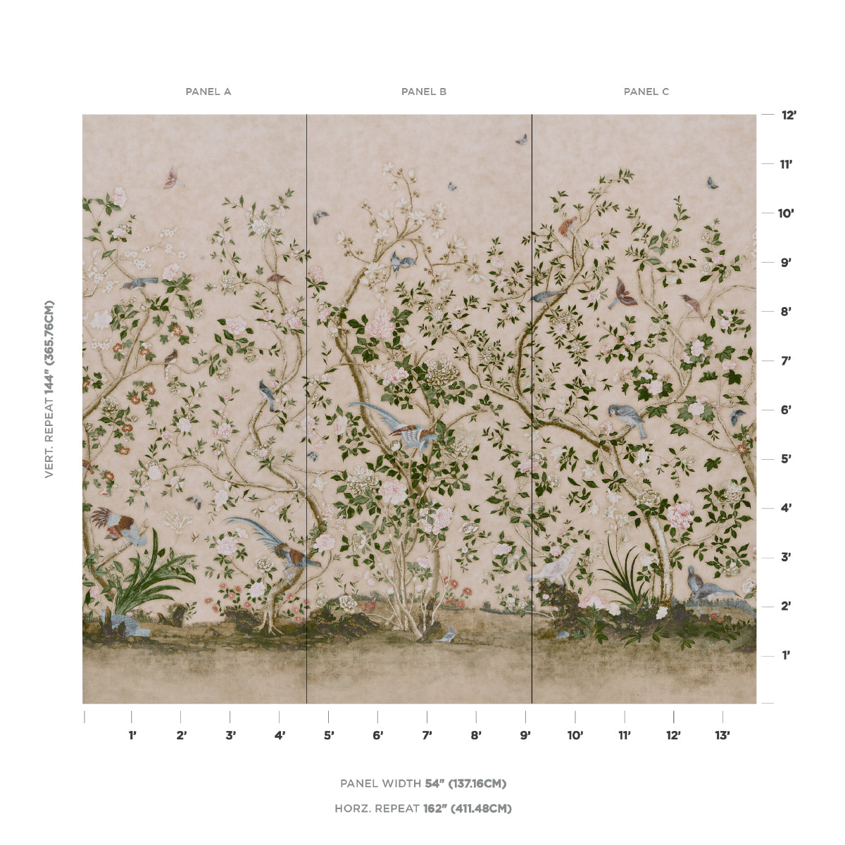 SCHUMACHER WALLCOVERING  PERENNIAL FAVORITES LES OISEAUX PANEL SET   PARCHMENT   - 5015155