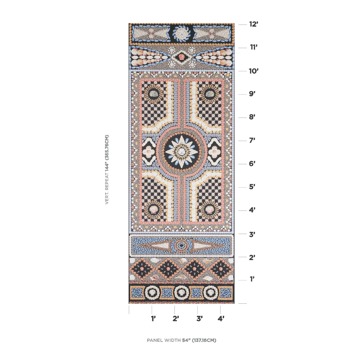 Rectangular vertical mosaic tile panel in blue, tan, cream, and pink with geometric floral motifs; 54-inch wide.