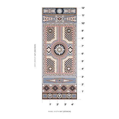 Rectangular vertical mosaic tile panel in blue, tan, cream, and pink with geometric floral motifs; 54-inch wide.