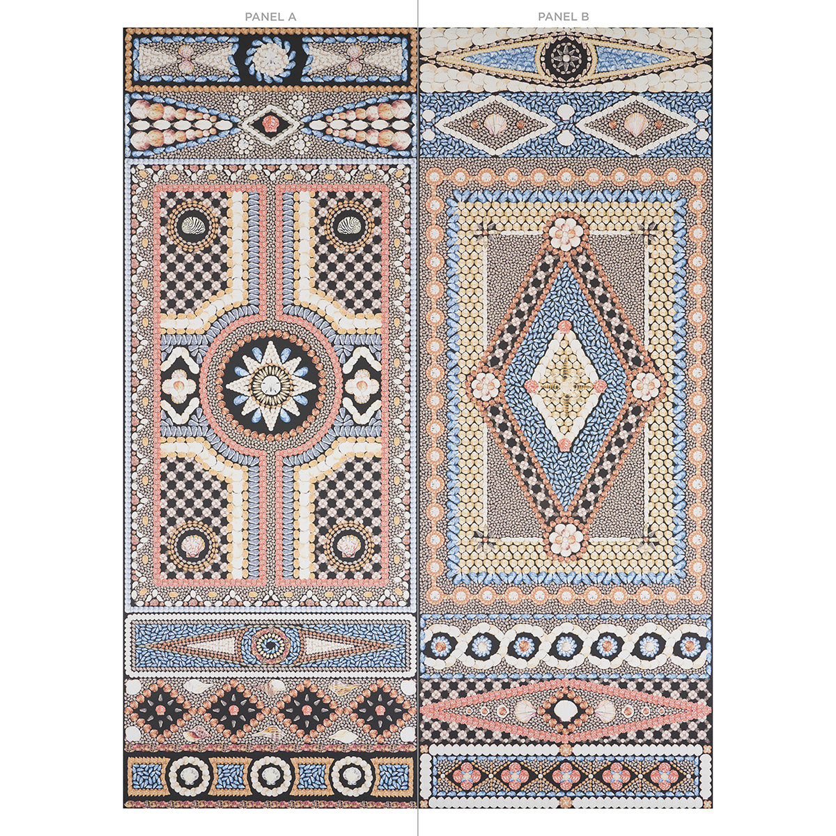 Two-panel Moroccan-inspired mosaic motif with geometric medallions and floral borders in onyx multi (blue, pink, cream and beige).