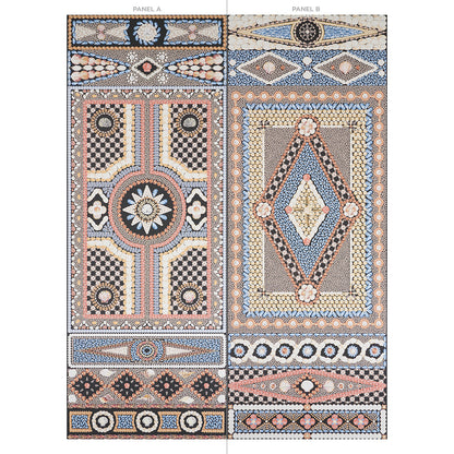 Two-panel Moroccan-inspired mosaic motif with geometric medallions and floral borders in onyx multi (blue, pink, cream and beige).