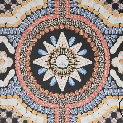 Circular motif pattern on a dark panel fabric in onyx multi colors.