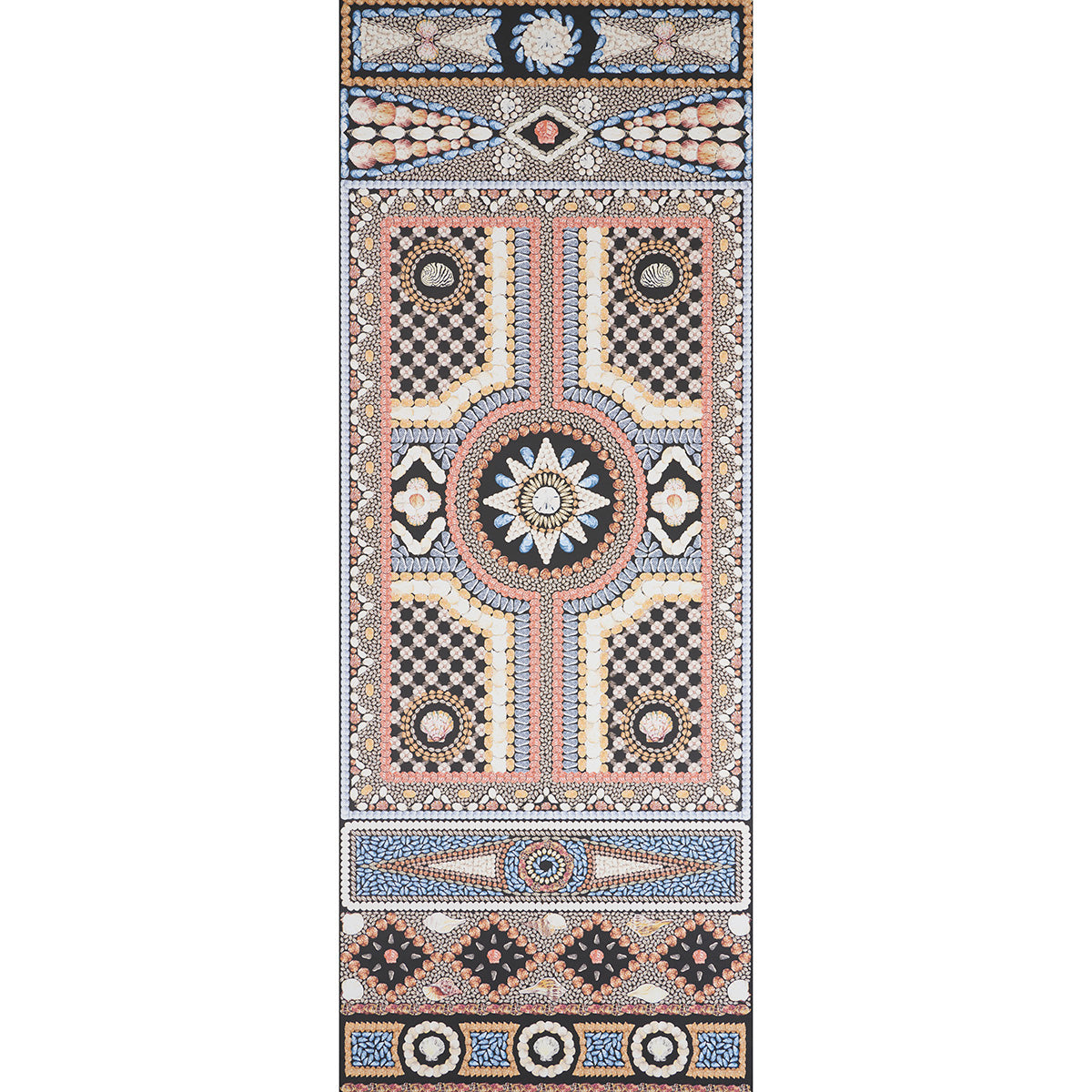 Persian-inspired geometric mosaic runner rug with central medallion & ornate borders in blue, pink, beige & black.