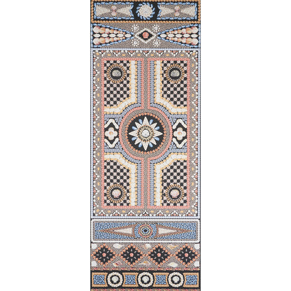 Persian-inspired geometric mosaic runner rug with central medallion & ornate borders in blue, pink, beige & black.
