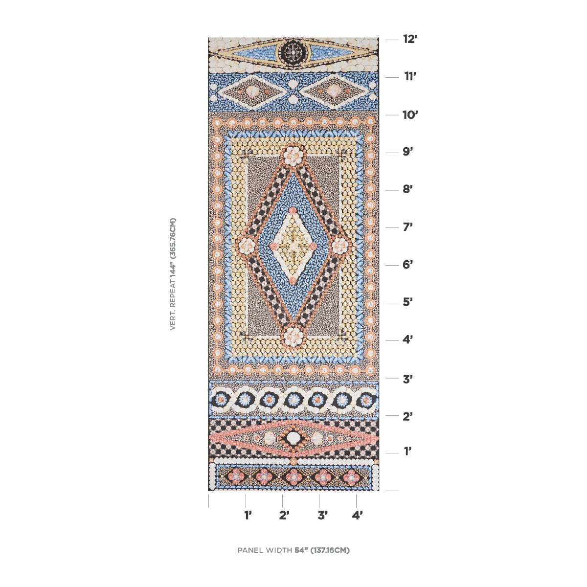 Wallpaper panel B featuring a boho geometric pattern with a diamond medallion center and patterned borders in an onyx multi colorway; 54 inch wide.