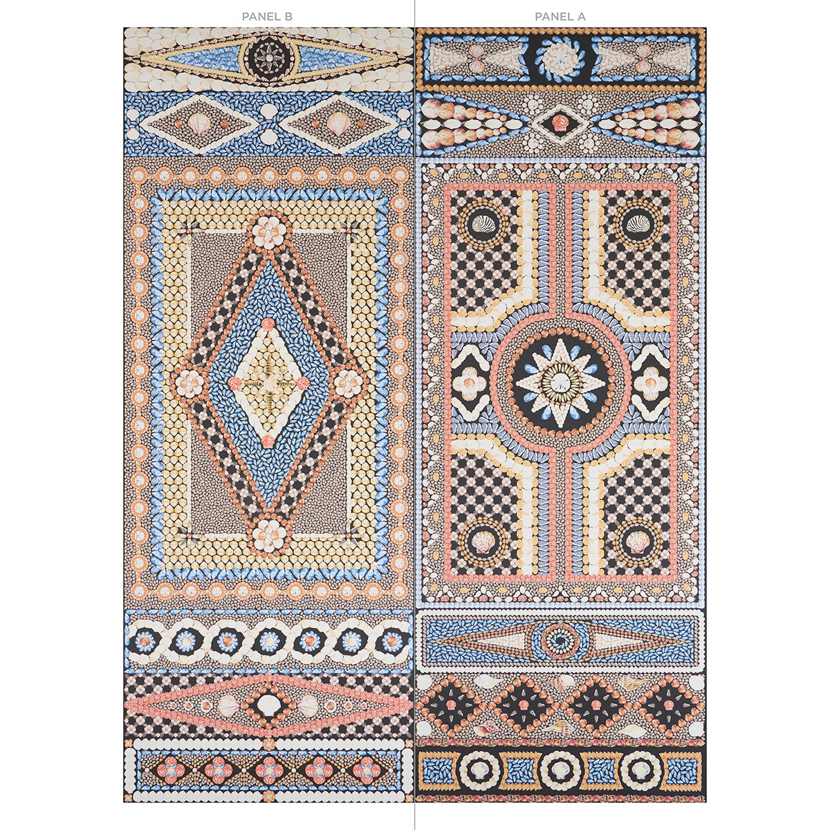 Rectangular panel featuring mosaic-pattern geometric medallions in blue, beige, black and peach; tiled borders.