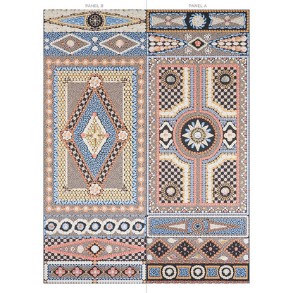 Rectangular panel featuring mosaic-pattern geometric medallions in blue, beige, black and peach; tiled borders.