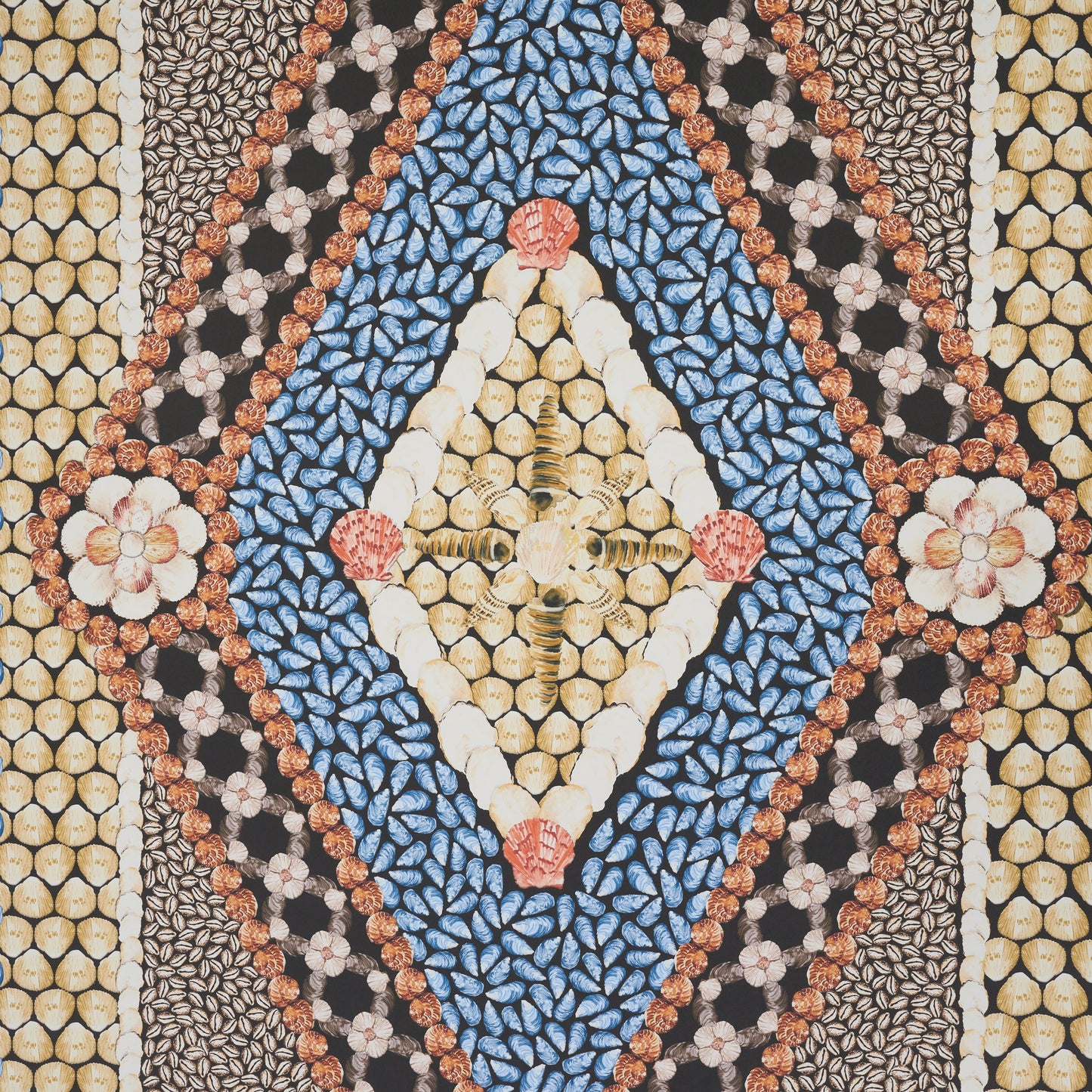 Colorful seed mosaic featuring a blue diamond center with cream, yellow & red accents, floral borders.