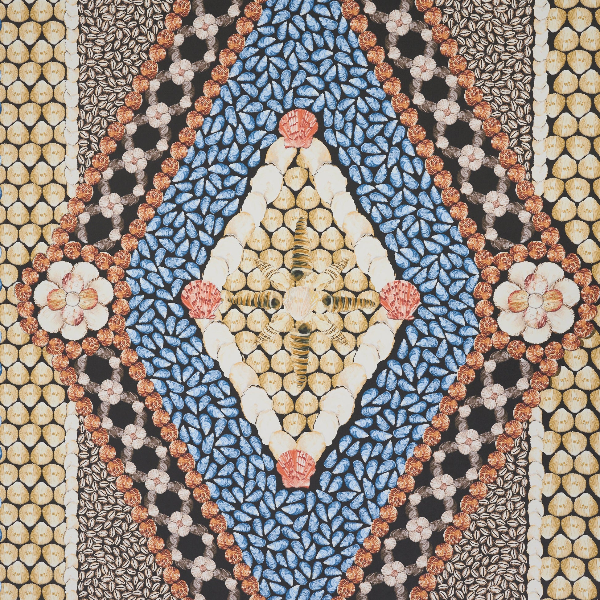 Colorful seed mosaic featuring a blue diamond center with cream, yellow & red accents, floral borders.