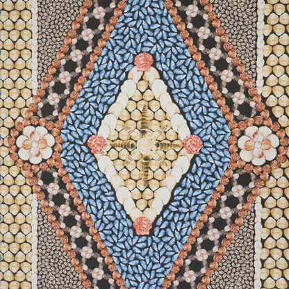 Colorful seed mosaic featuring a blue diamond center with cream, yellow & red accents, floral borders.
