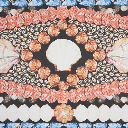 Central white scallop shell surrounded by concentric bands of orange, gray and white shells in a mandala-like pattern.