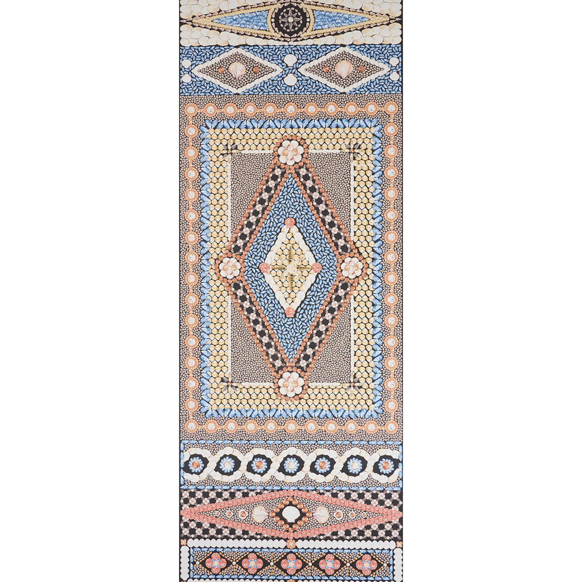 Long runner rug with central diamond medallion in blue and beige, surrounded by layered borders in pink, brown, and cream.