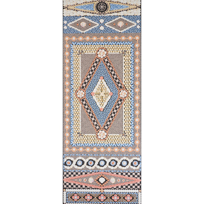 Long runner rug with central diamond medallion in blue and beige, surrounded by layered borders in pink, brown, and cream.