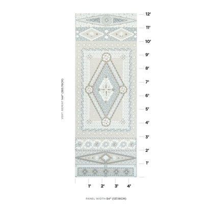 Seafoam panel with light blue and ivory geometric shell grotto design, diamond medallion motif and ornate borders.
