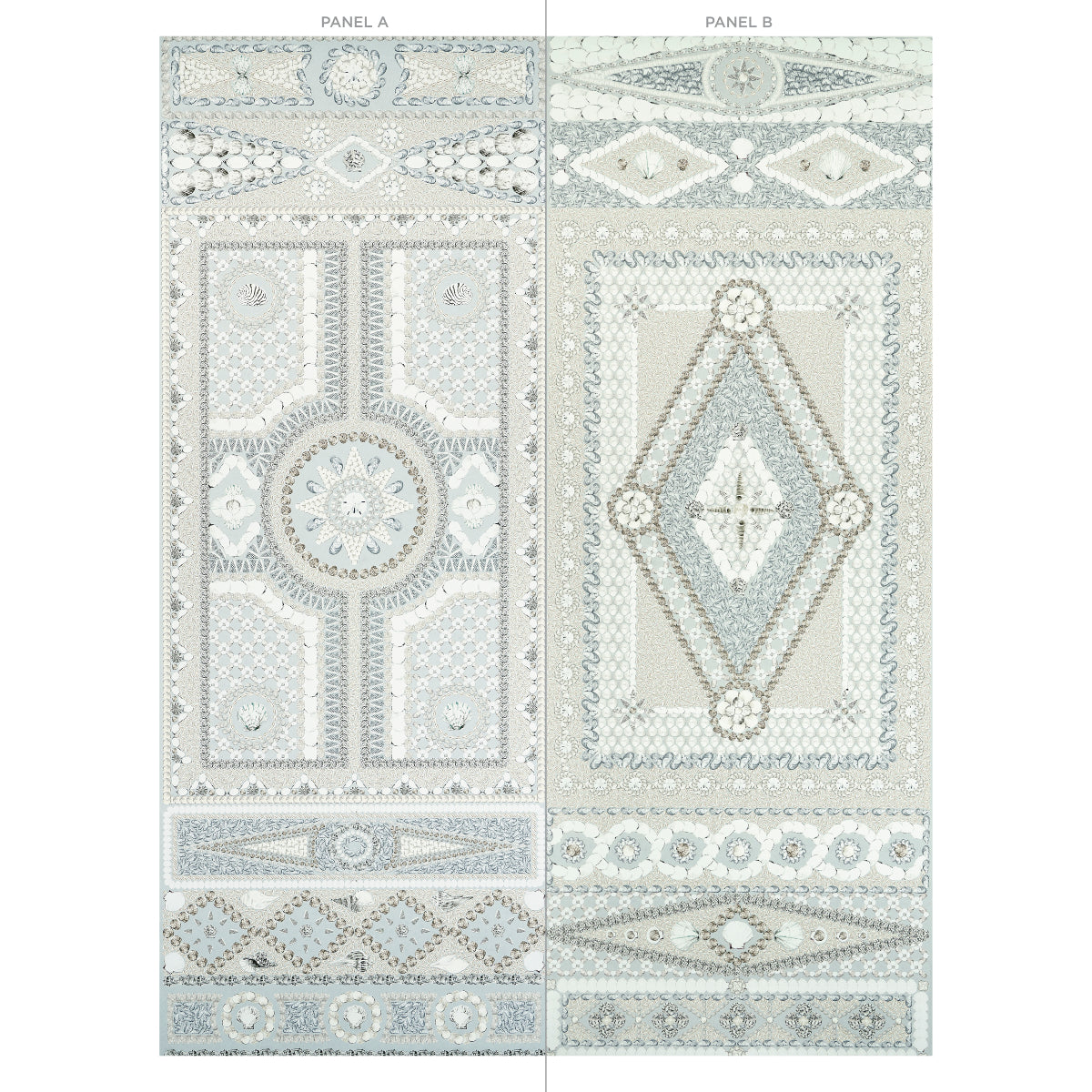 Panel A seafoam decorative rug featuring geometric and medallion motifs with ornate borders.