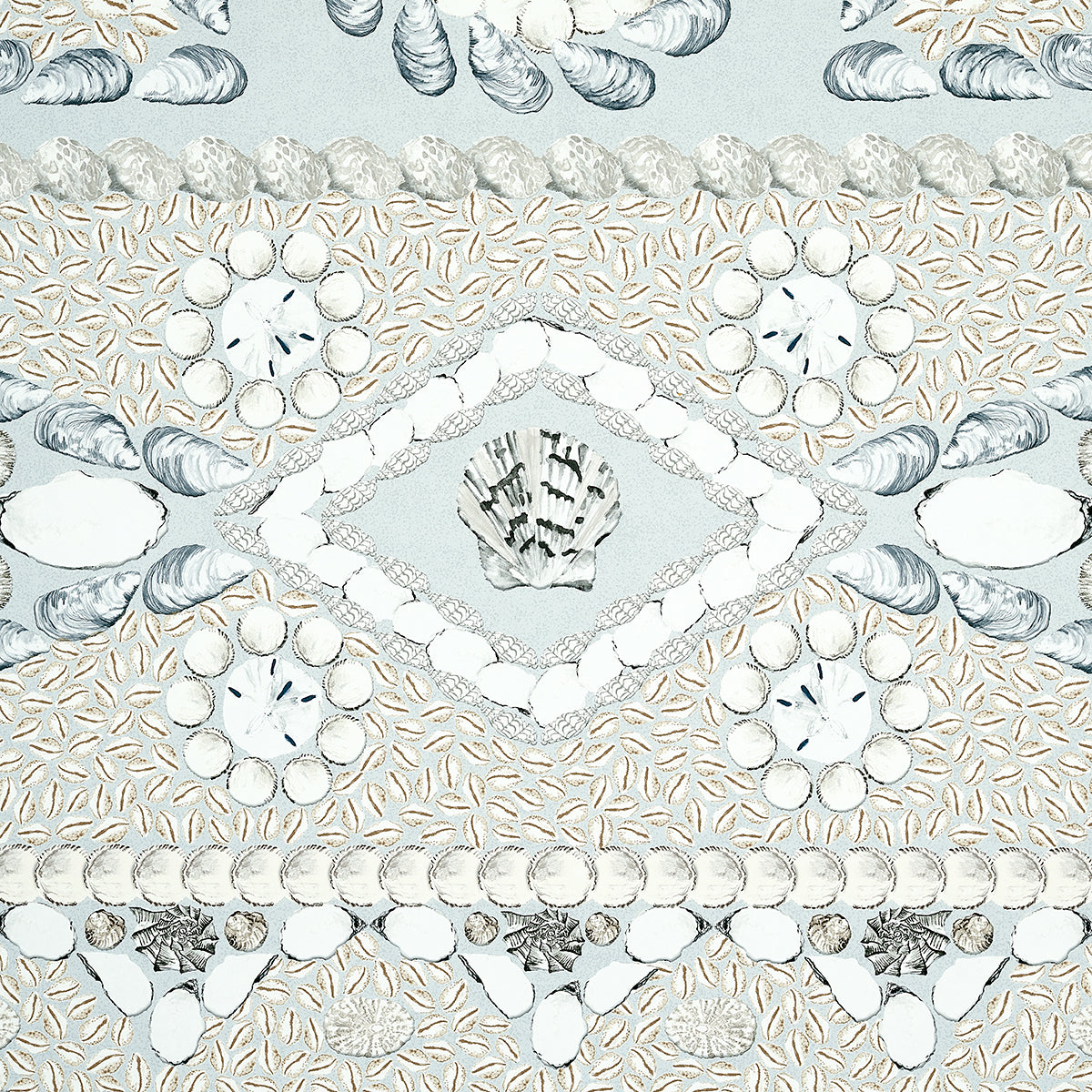 Coastal seashell print in pale blue, white and beige with symmetrical diamond mandala motifs for fabric or wallpaper.
