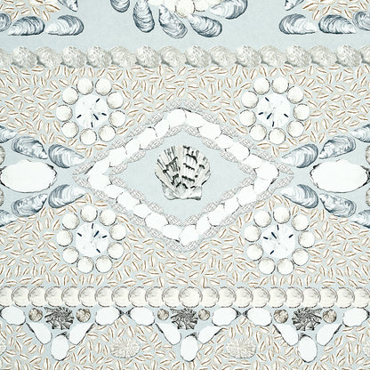 Coastal seashell print in pale blue, white and beige with symmetrical diamond mandala motifs for fabric or wallpaper.