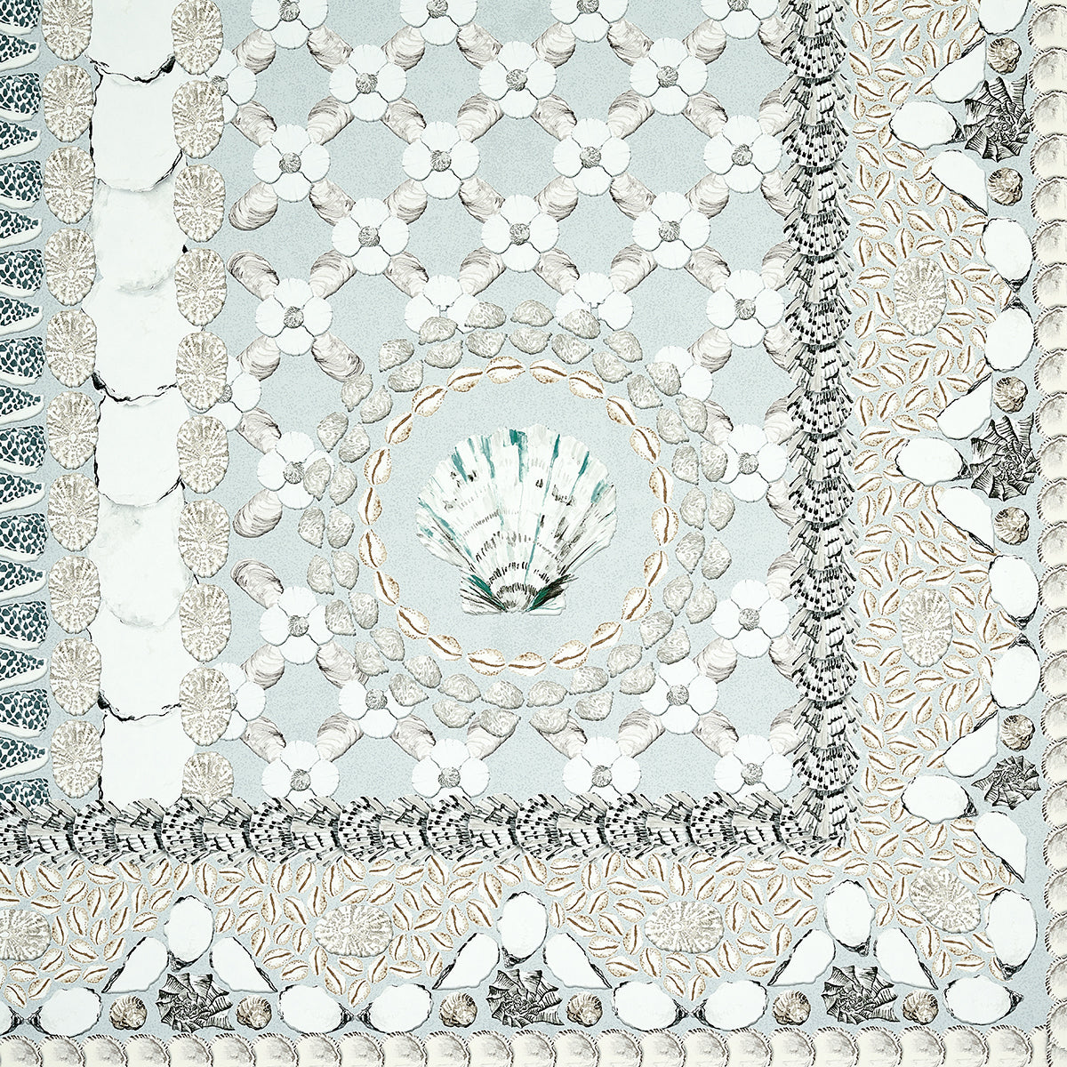 Seafoam panel with white and beige shell motifs on pale blue, arranged in concentric circles and a lattice pattern.