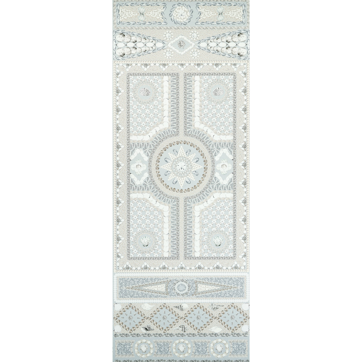 Pale gray and ivory beaded runner rug with a central circular medallion, geometric panels and decorative borders.