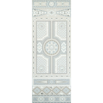 Pale gray and ivory beaded runner rug with a central circular medallion, geometric panels and decorative borders.