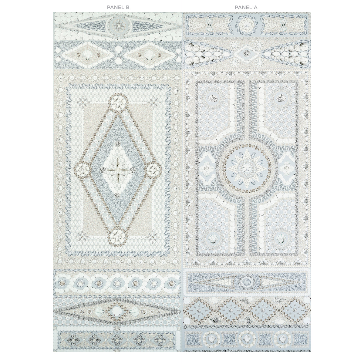 Pair of decorative panels in seafoam, ivory and gray with geometric medallions and diamond borders.