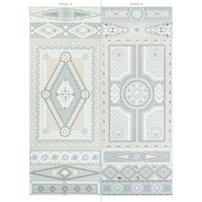 Pair of decorative panels in seafoam, ivory and gray with geometric medallions and diamond borders.