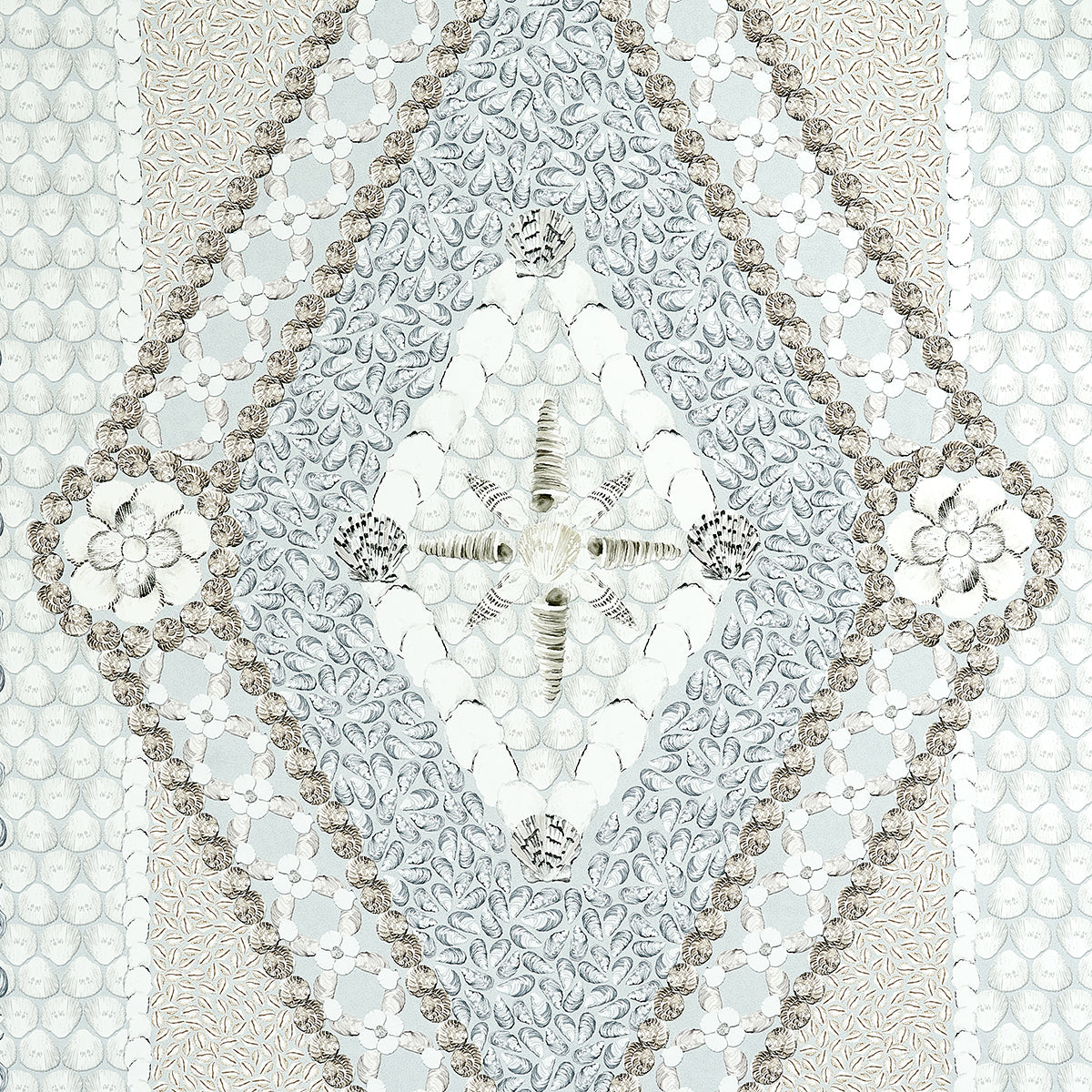 Panel featuring a shell motif in seafoam with pale blue and neutral tones; textured decorative pattern.
