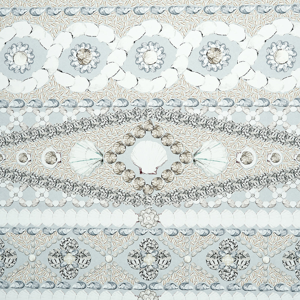 Delicate seafoam wallpaper panel with a lace-like pattern, scalloped borders, and floral and geometric motifs.