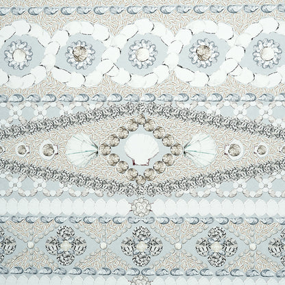 Delicate seafoam wallpaper panel with a lace-like pattern, scalloped borders, and floral and geometric motifs.