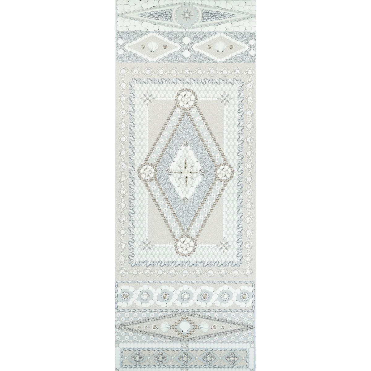 Seafoam and ivory wallpaper panel with a central diamond motif and ornate geometric borders.