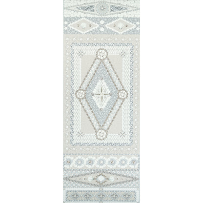 Seafoam and ivory wallpaper panel with a central diamond motif and ornate geometric borders.