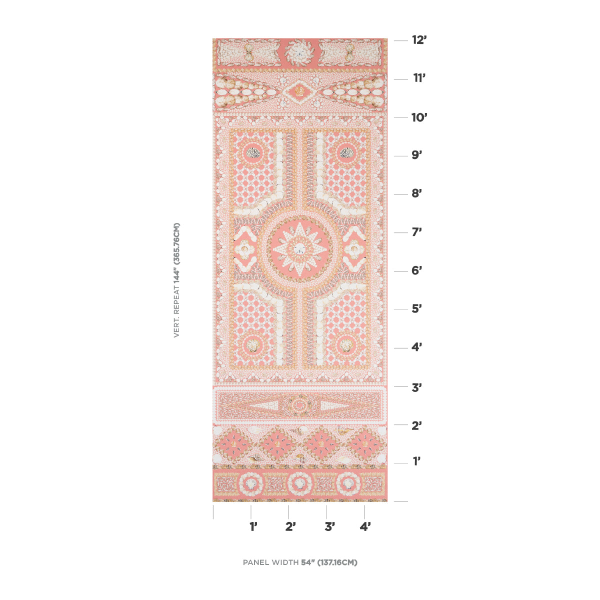 Coral wallpaper panel with a shell-inspired motif, featuring geometric patterns and floral details.