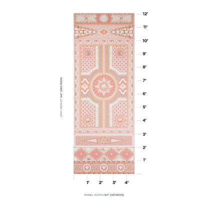 Coral wallpaper panel with a shell-inspired motif, featuring geometric patterns and floral details.