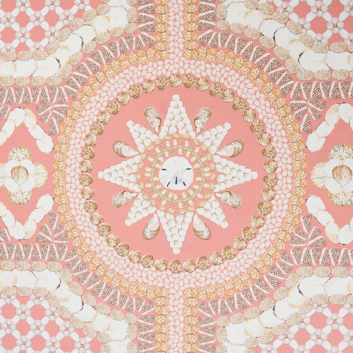 Coral wall panel design featuring a pink circular mandala motif with white and gold lace details on a blush-pink background; ornate decorative pattern.