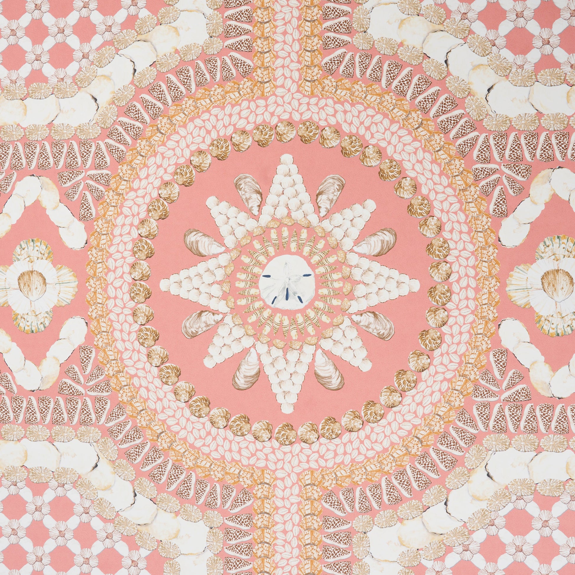 Coral wall panel design featuring a pink circular mandala motif with white and gold lace details on a blush-pink background; ornate decorative pattern.