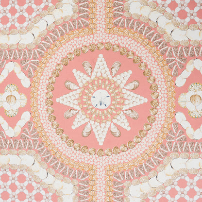 Coral wall panel design featuring a pink circular mandala motif with white and gold lace details on a blush-pink background; ornate decorative pattern.