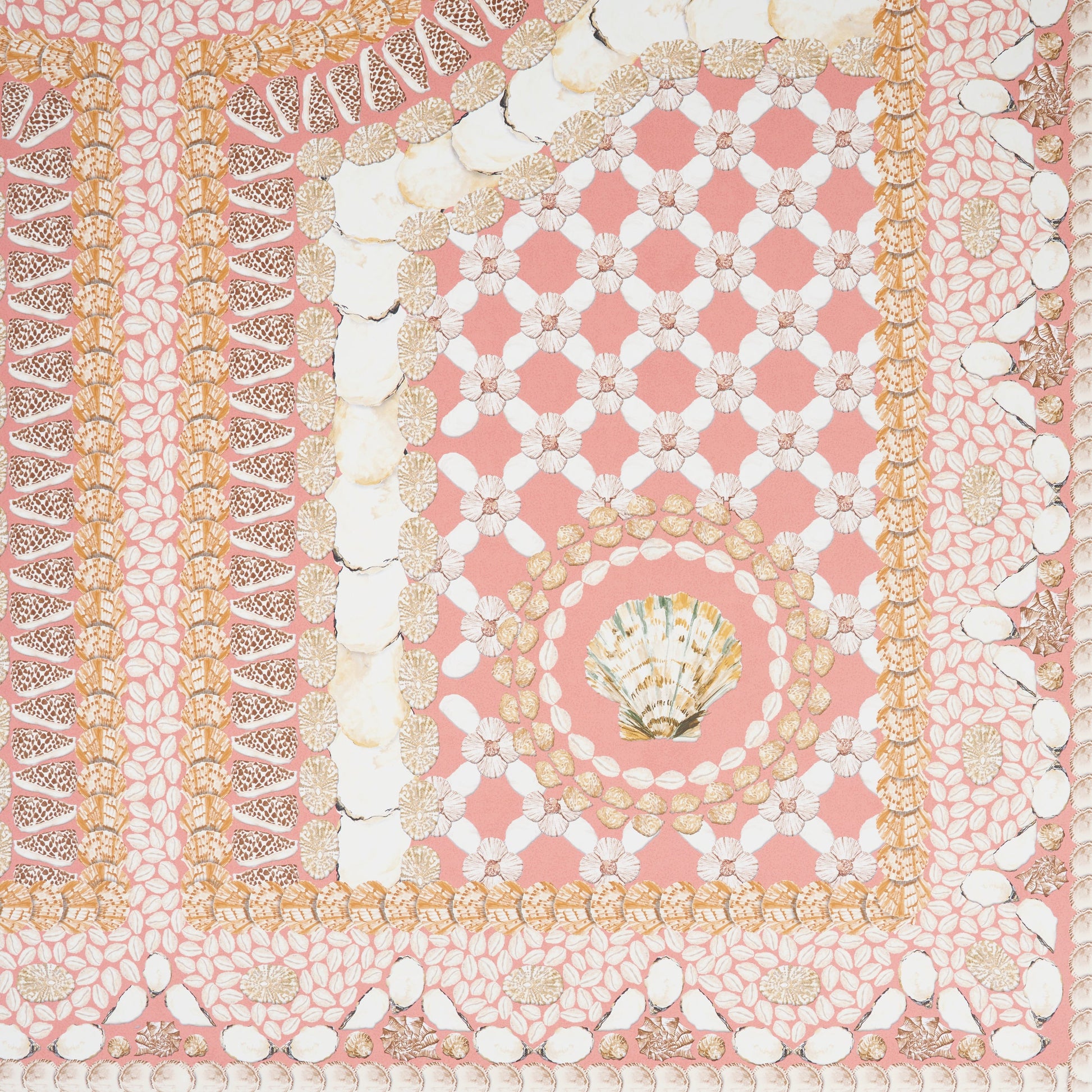 Coral pink panel with a seashell lattice pattern, white shells, gold borders and a central shell medallion.