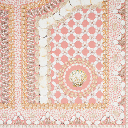Coral pink panel with a seashell lattice pattern, white shells, gold borders and a central shell medallion.