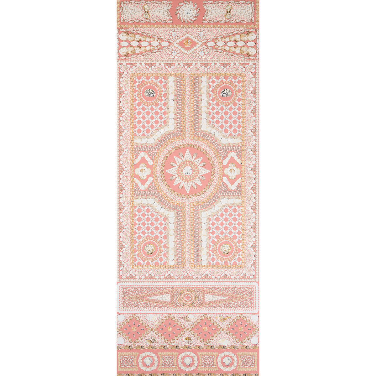 Soft coral and beige ornate wallpaper panel with a central sunburst medallion, geometric panels, and decorative borders.