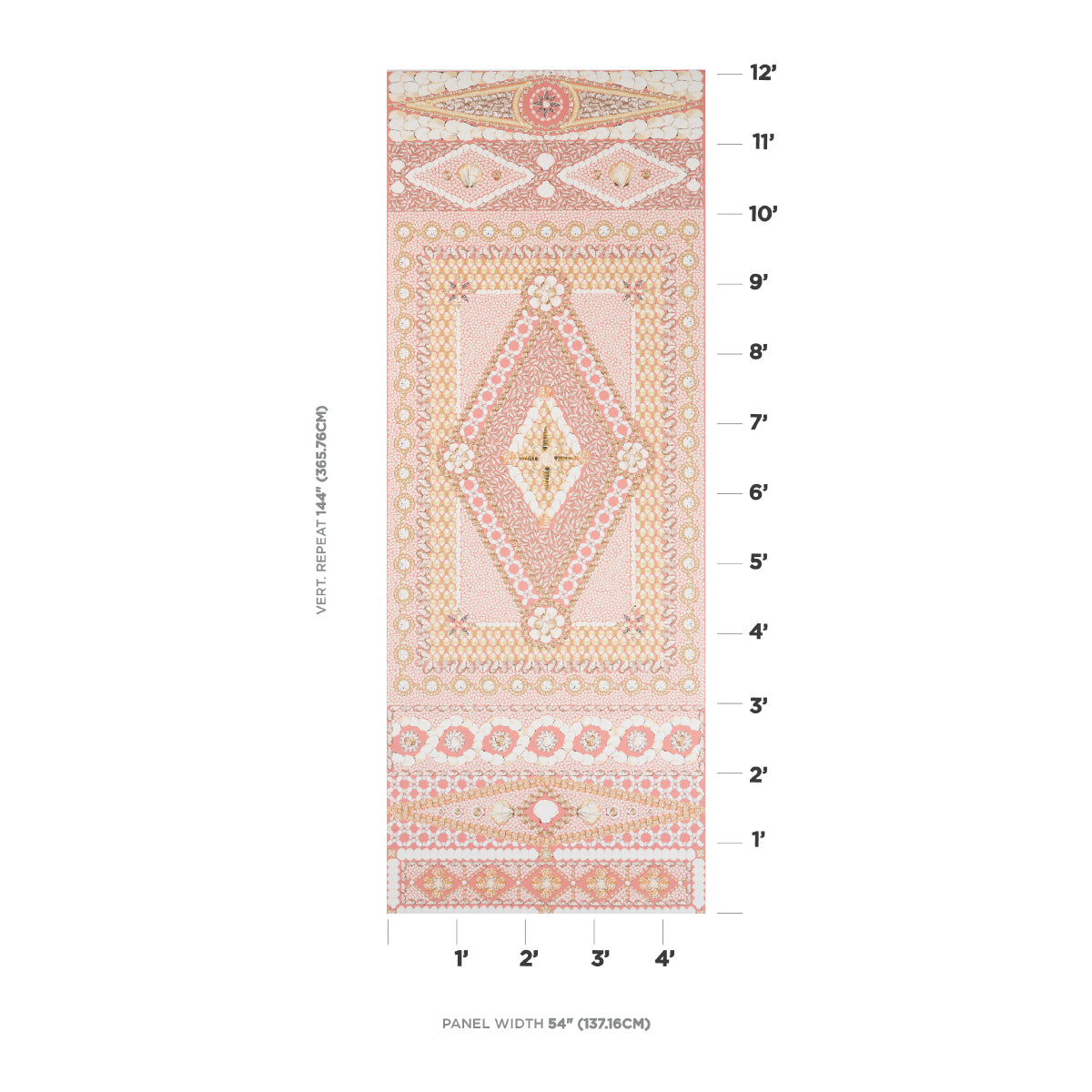 Pink and peach geometric panel fabric in coral with diamond medallions and ornate border; Panel B.