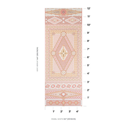 Pink and peach geometric panel fabric in coral with diamond medallions and ornate border; Panel B.