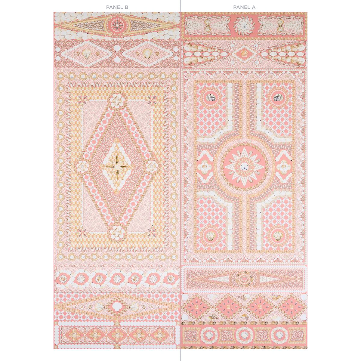 Two-panel coral textile featuring ornate geometric and floral motifs.