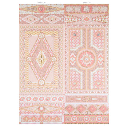 Two-panel coral textile featuring ornate geometric and floral motifs.