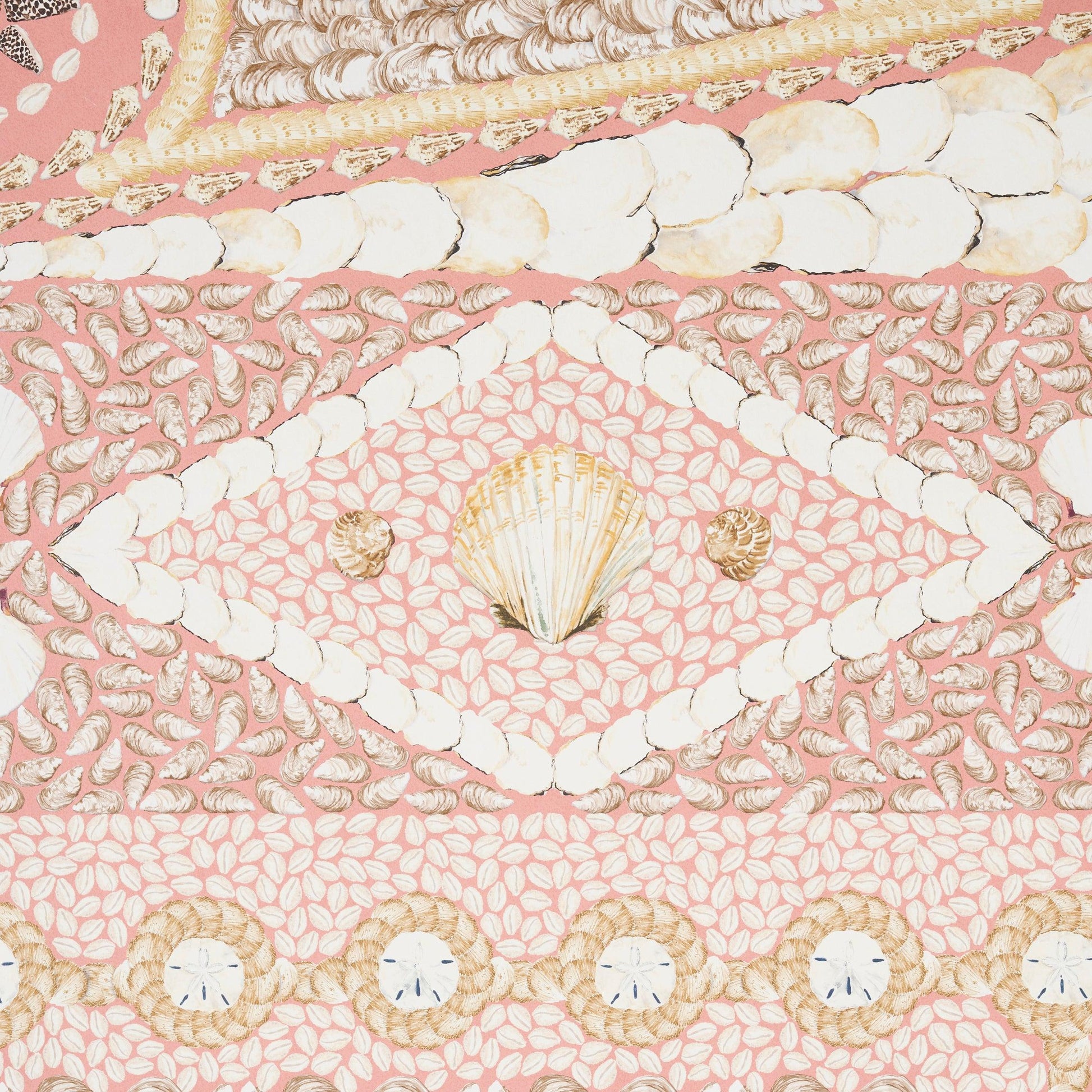 Coral-colored seashell-print panel with white shell motifs forming a diamond medallion and circular bead accents.