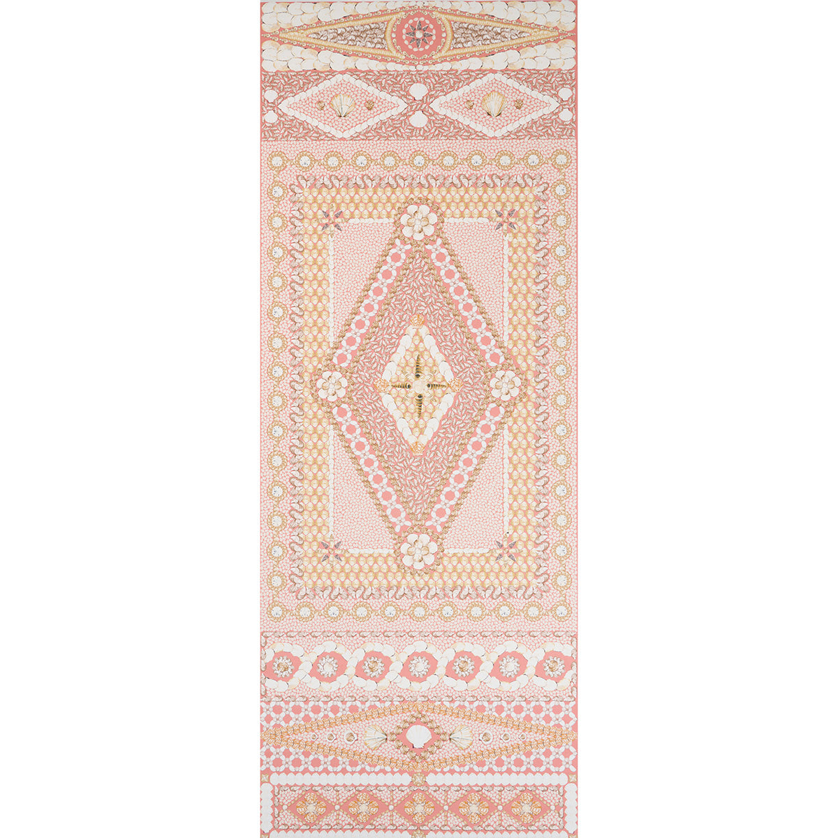 Pastel pink and peach wallpaper panel with a central diamond medallion and ornate border patterns.