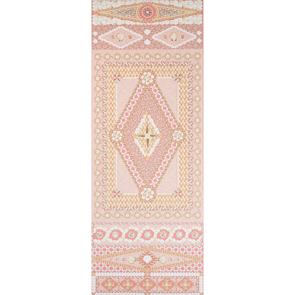 Pastel pink and peach wallpaper panel with a central diamond medallion and ornate border patterns.