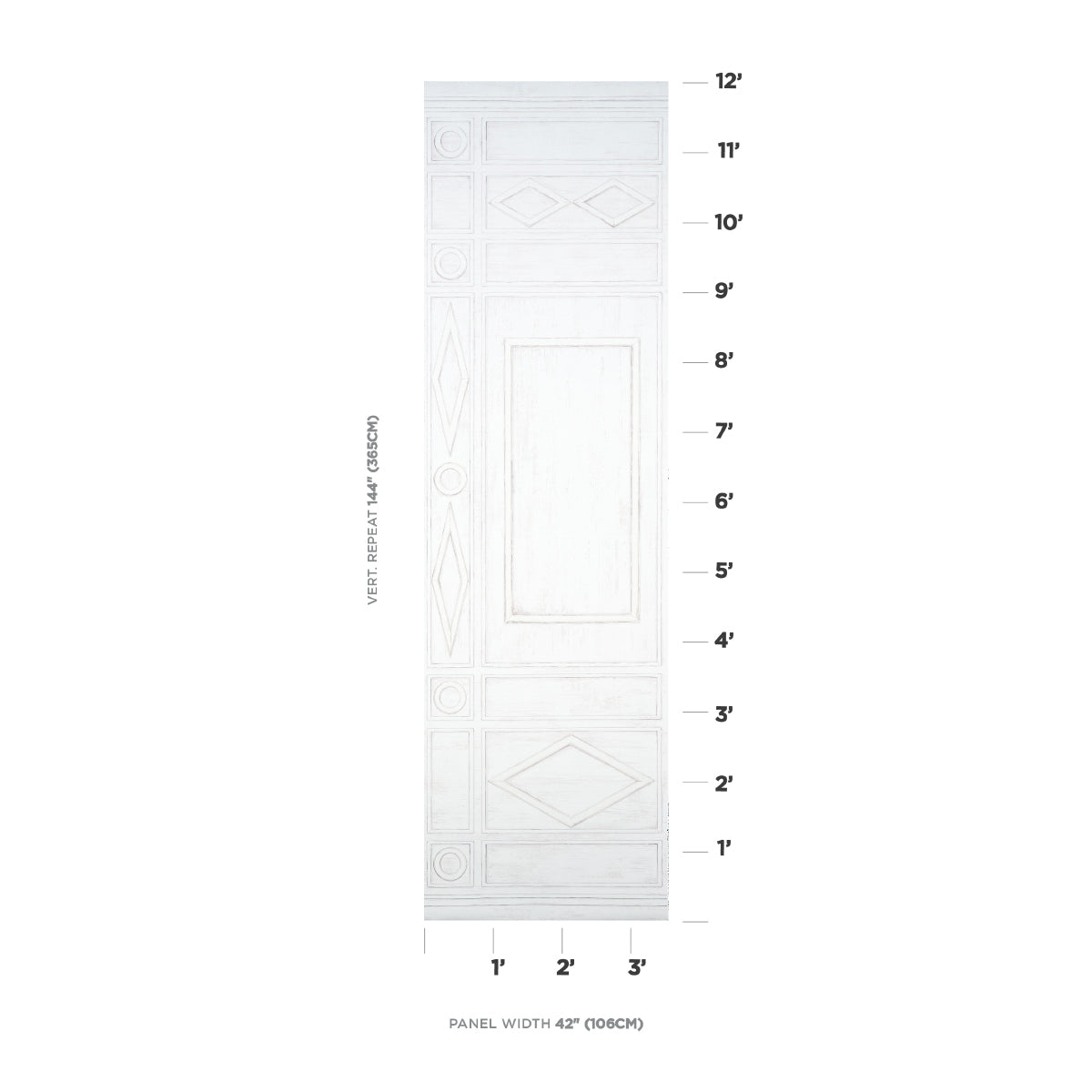 Blueprint-style illustration of a tall white wooden door with Panel A design and geometric borders.